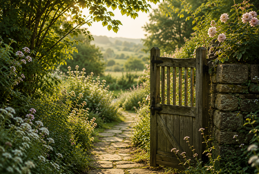 Sunlit garden path winding through flowers to an open wooden gate overlooking the countryside