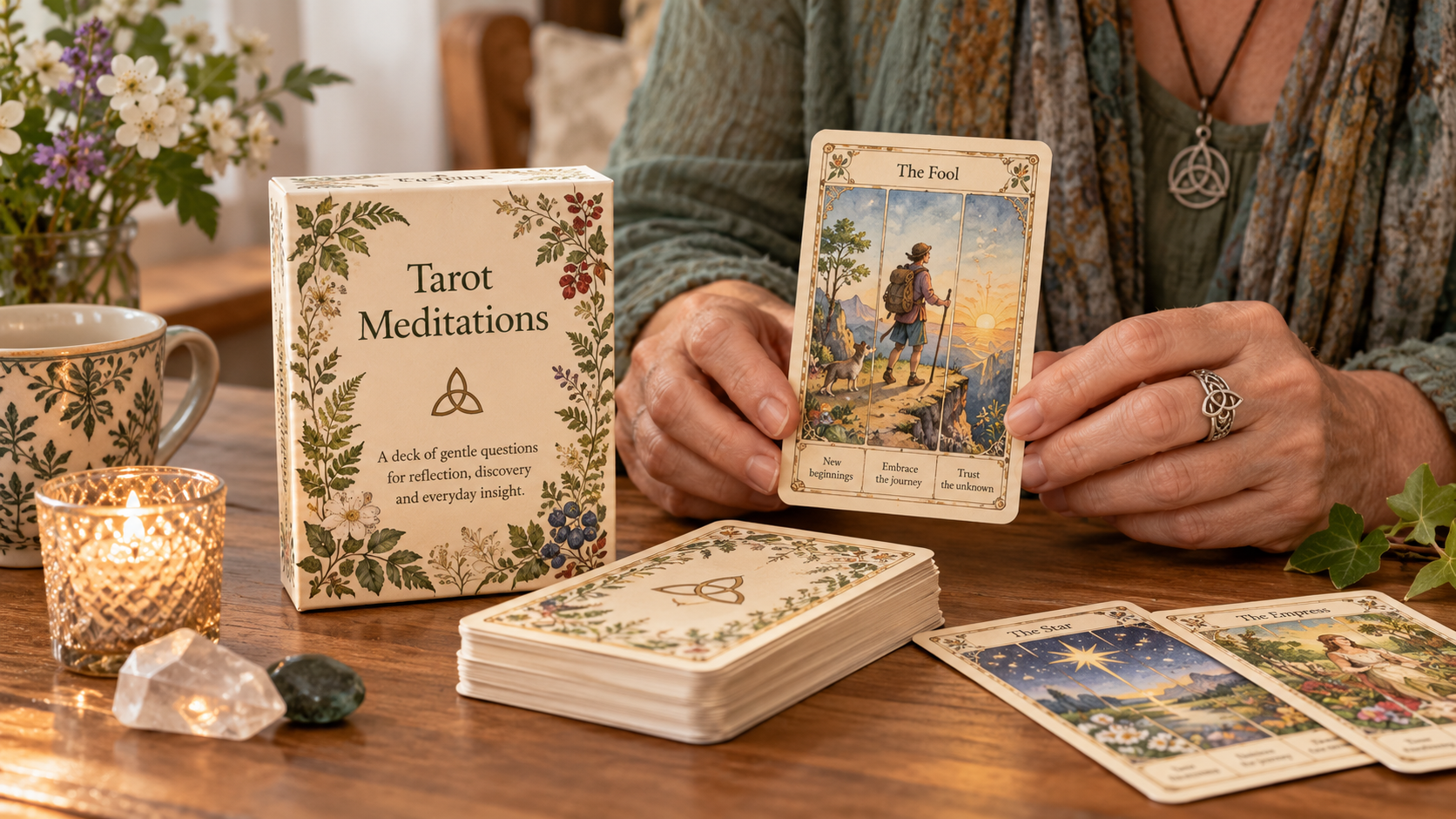 Warm candlelit tarot-inspired still life with flowers and cards; illustrative image, not a photograph of the product