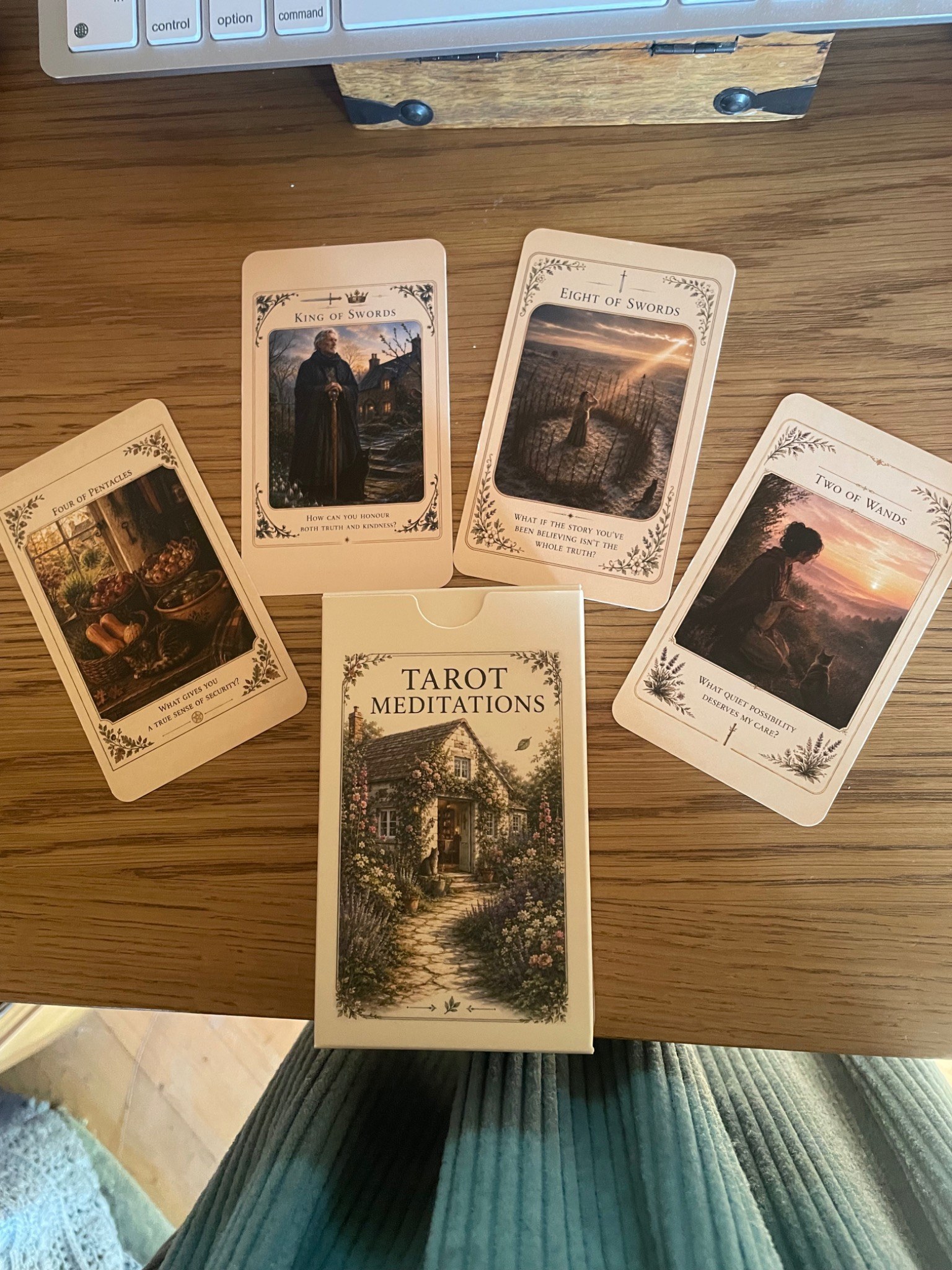 Tarot Meditations deck box surrounded by four illustrated cards